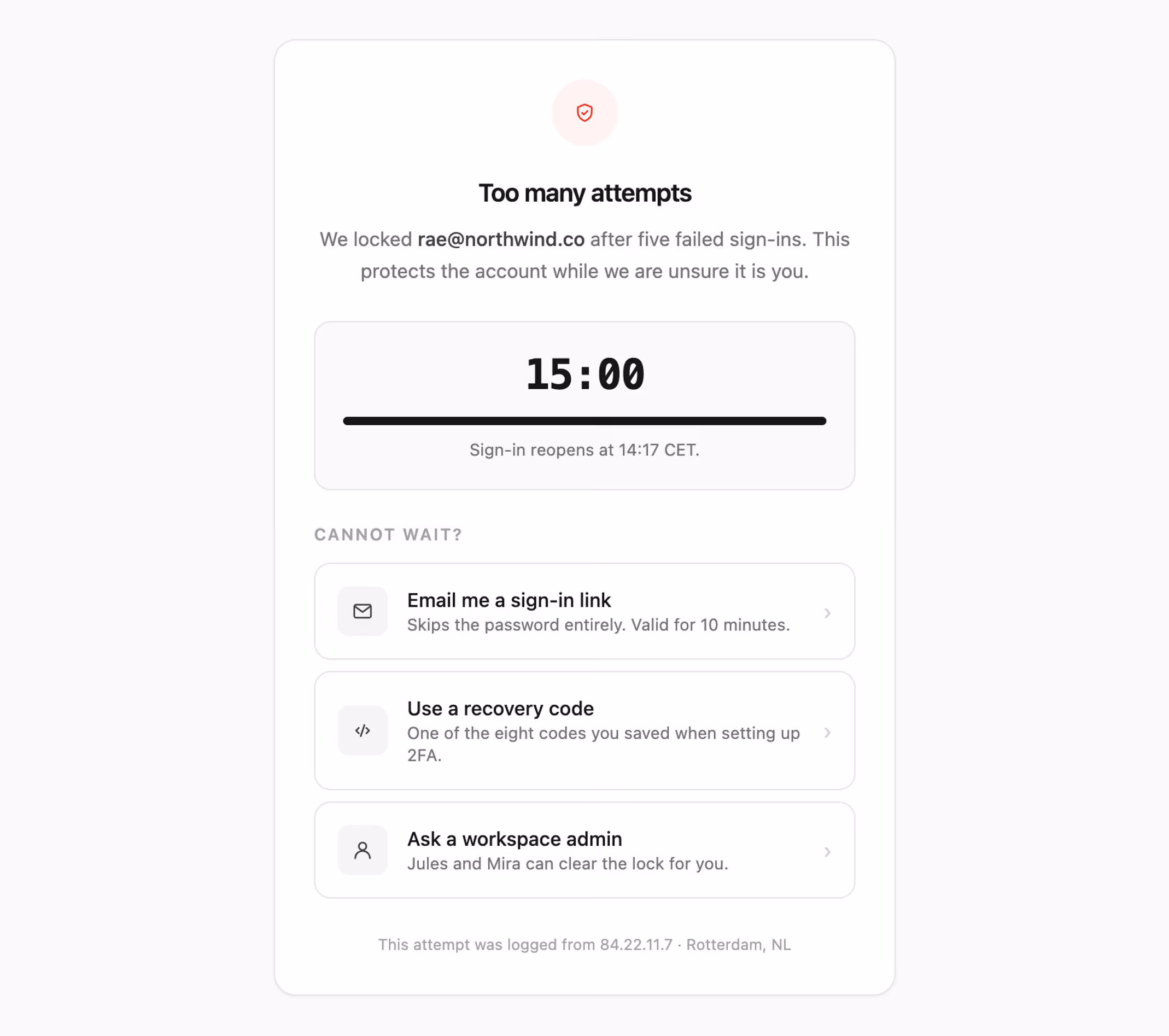Rendered preview — Account locked with recovery