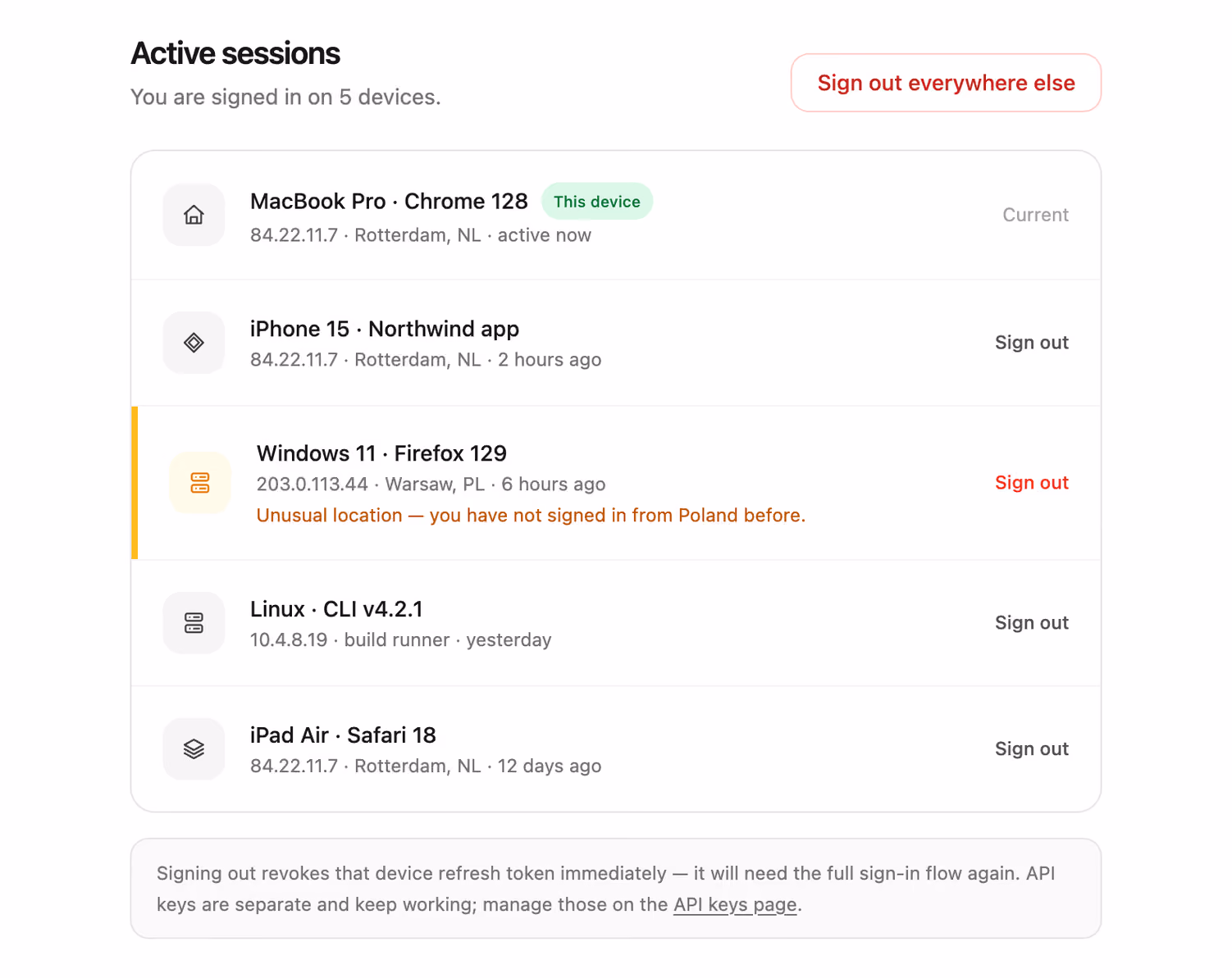 Rendered preview — Active sessions manager