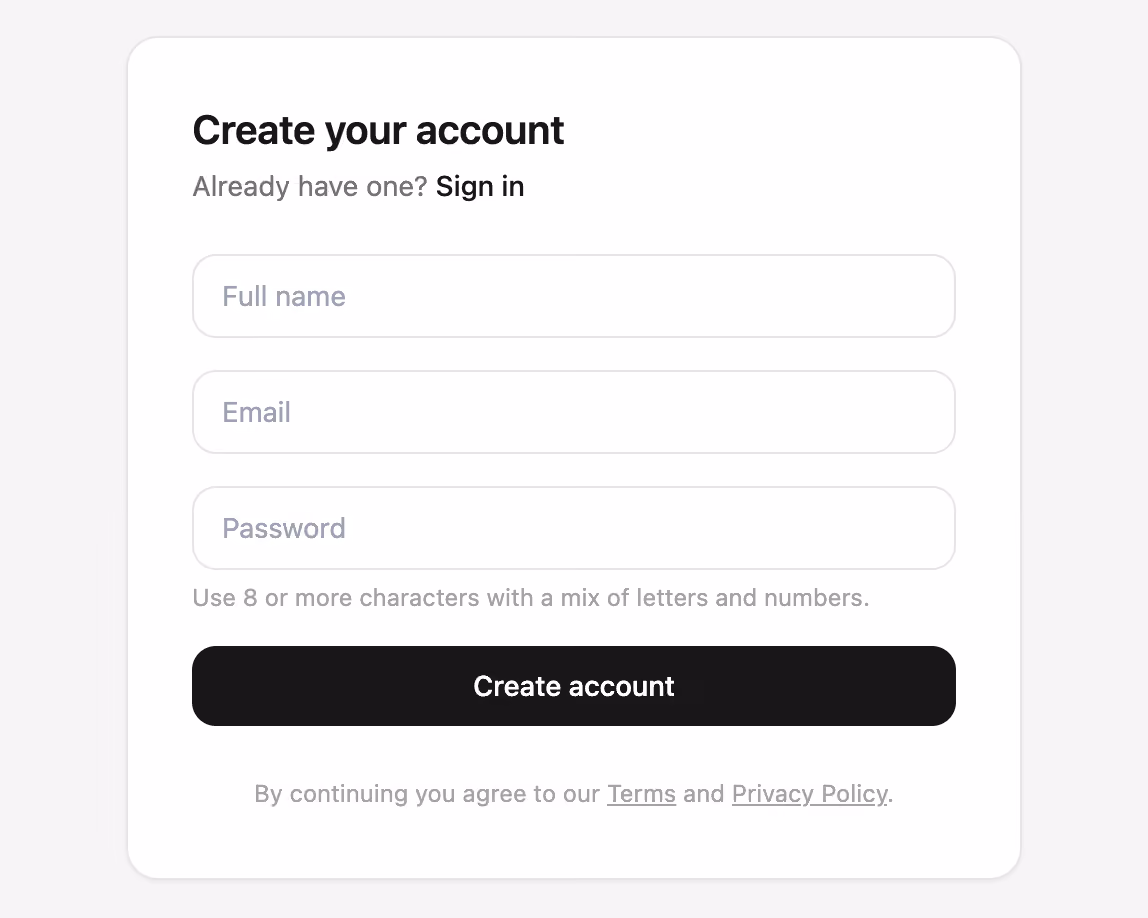 Rendered preview — Centered card sign-up