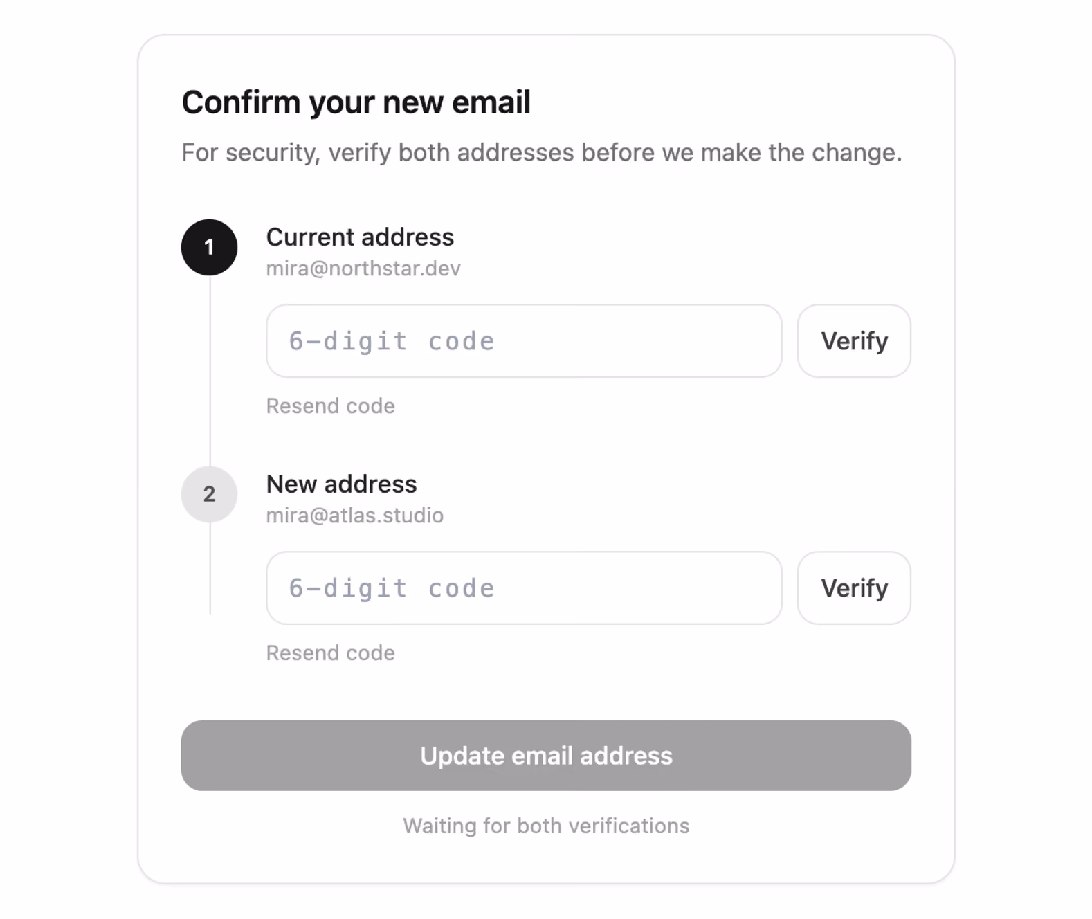 Dual email change verification — Tailwind CSS Auth Forms layout preview