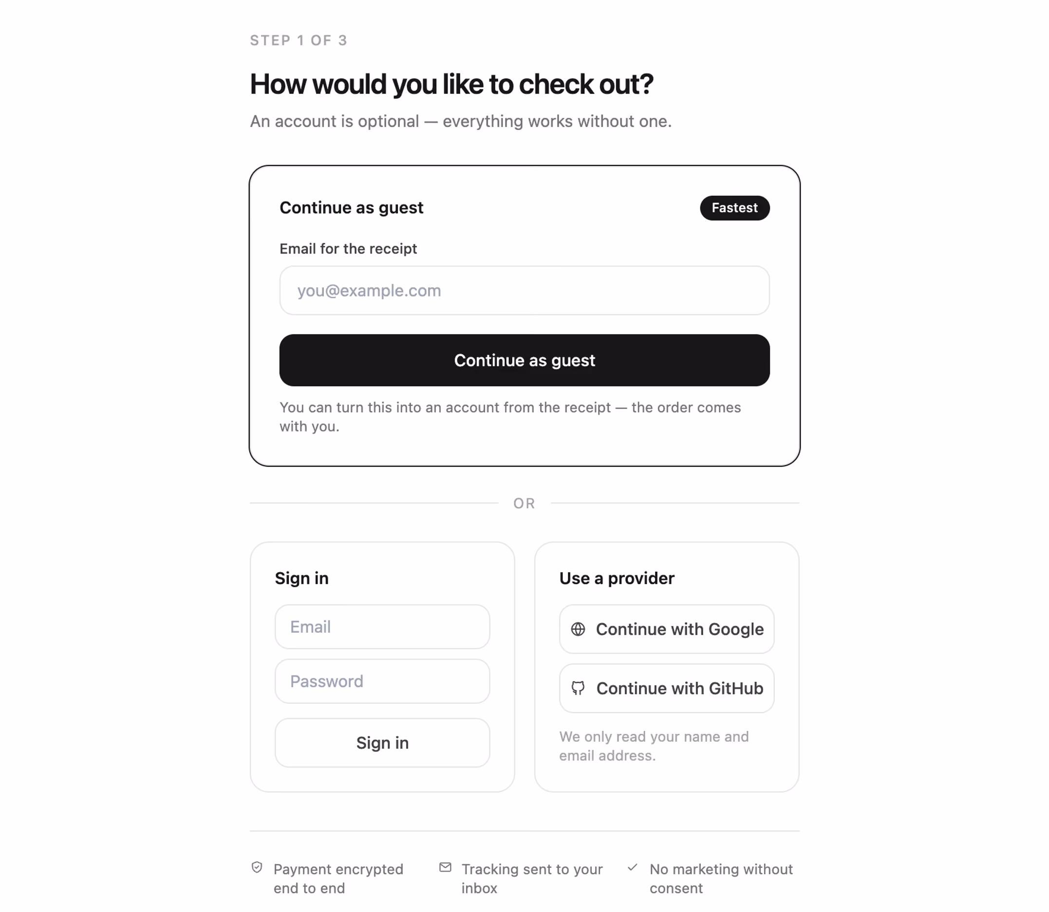 Rendered preview — Guest or account checkout gate