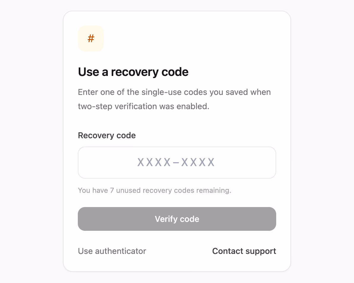 Recovery code sign-in — Tailwind CSS Auth Forms layout preview