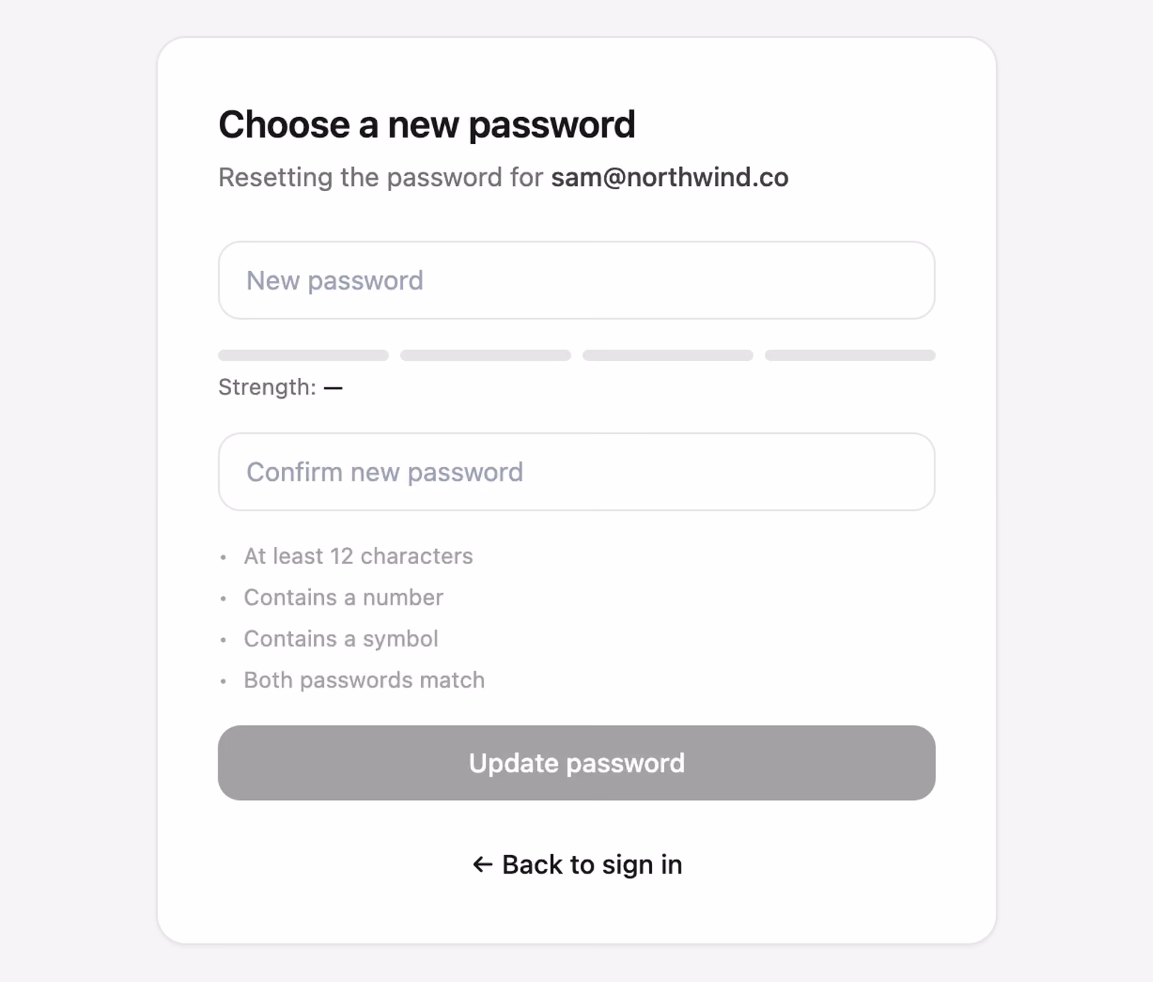 Rendered preview — Reset password with strength meter