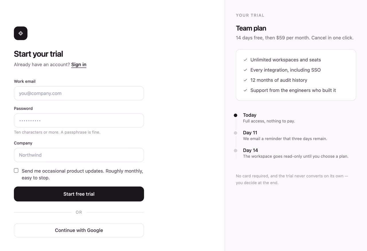 Rendered preview — Trial signup with plan summary