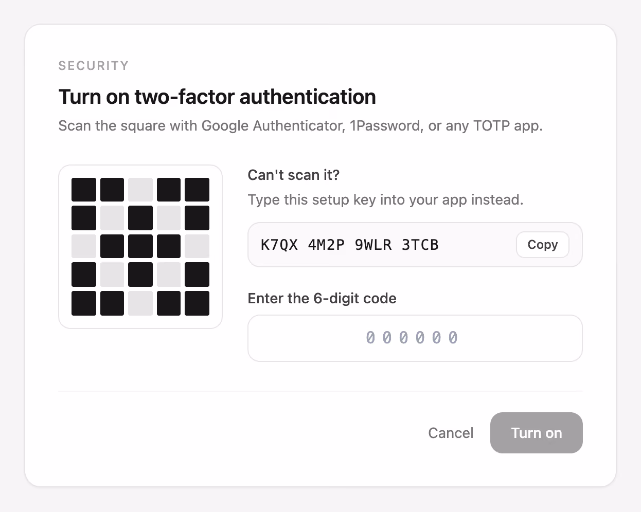 Rendered preview — Two-factor setup with QR