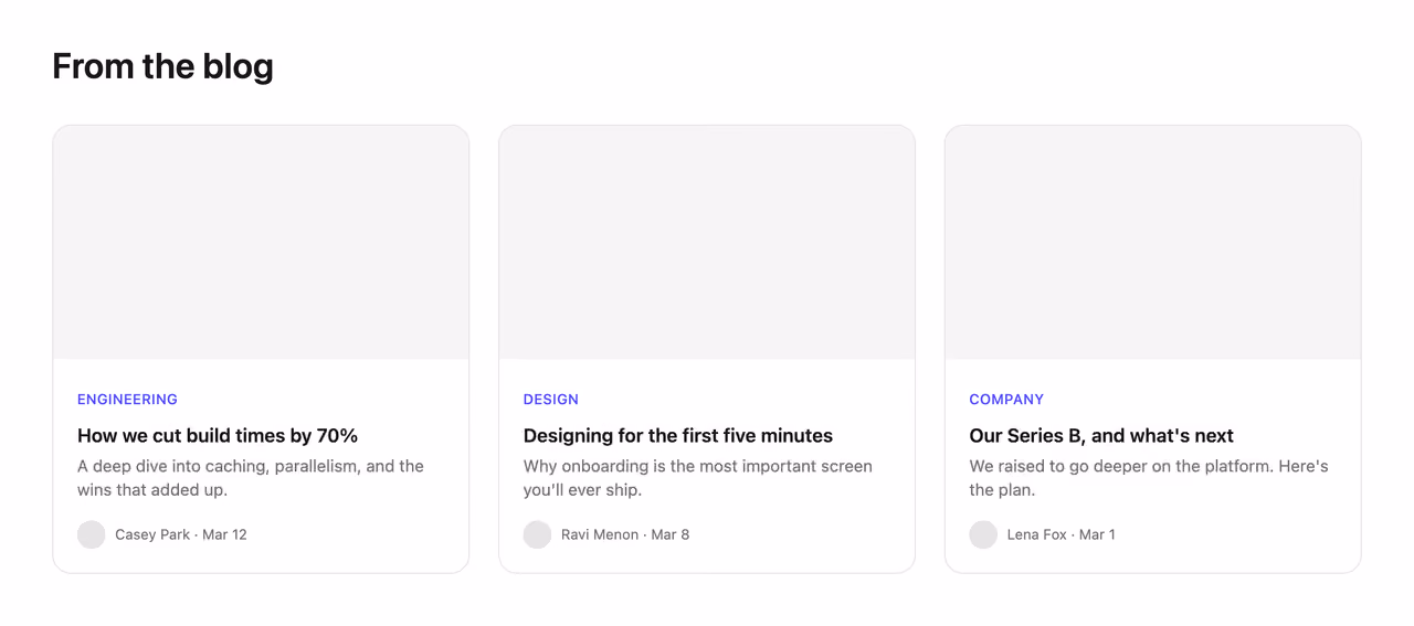Rendered preview — Blog card grid