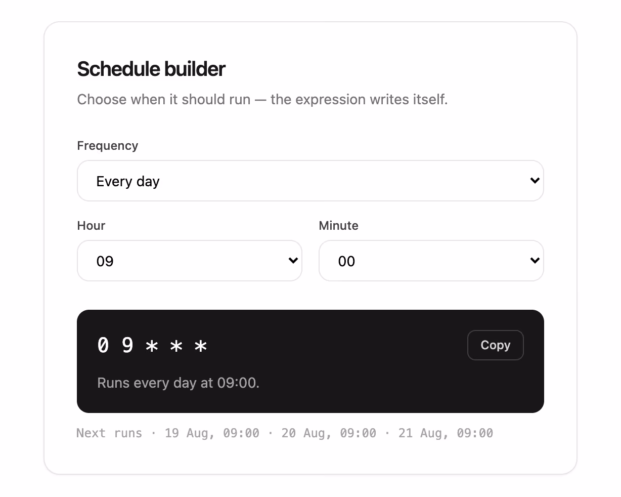 Rendered preview — Cron schedule builder