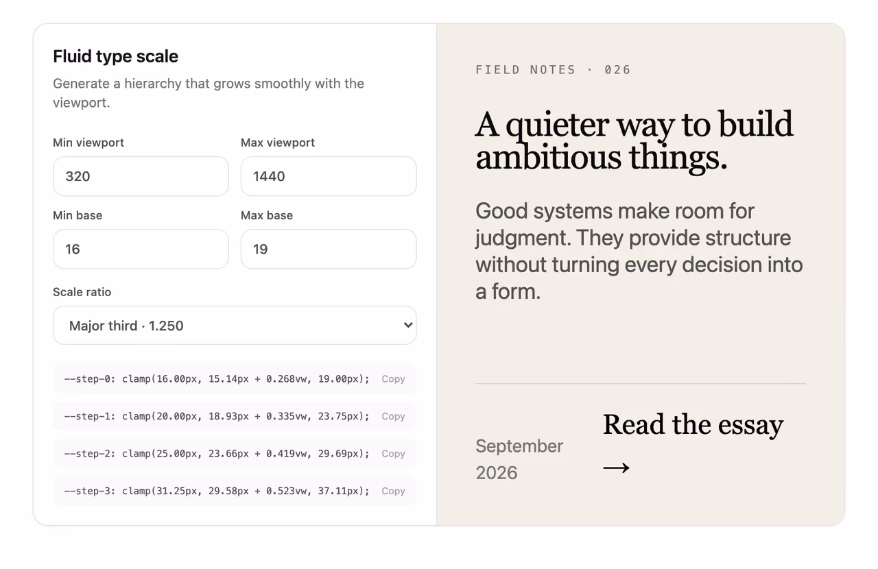 Fluid type scale calculator — Tailwind CSS Bonus layout preview