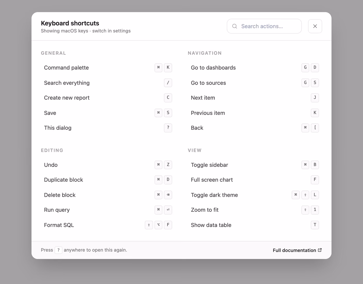 Rendered preview — Keyboard shortcuts sheet