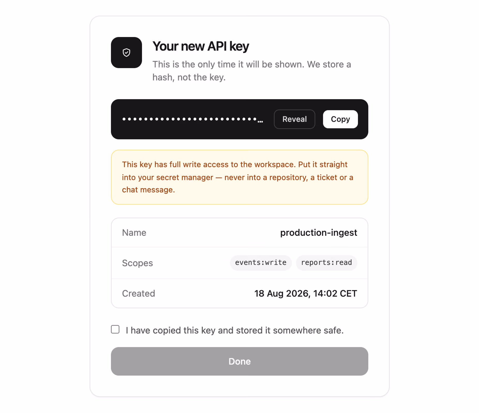 Rendered preview — One-time API key reveal