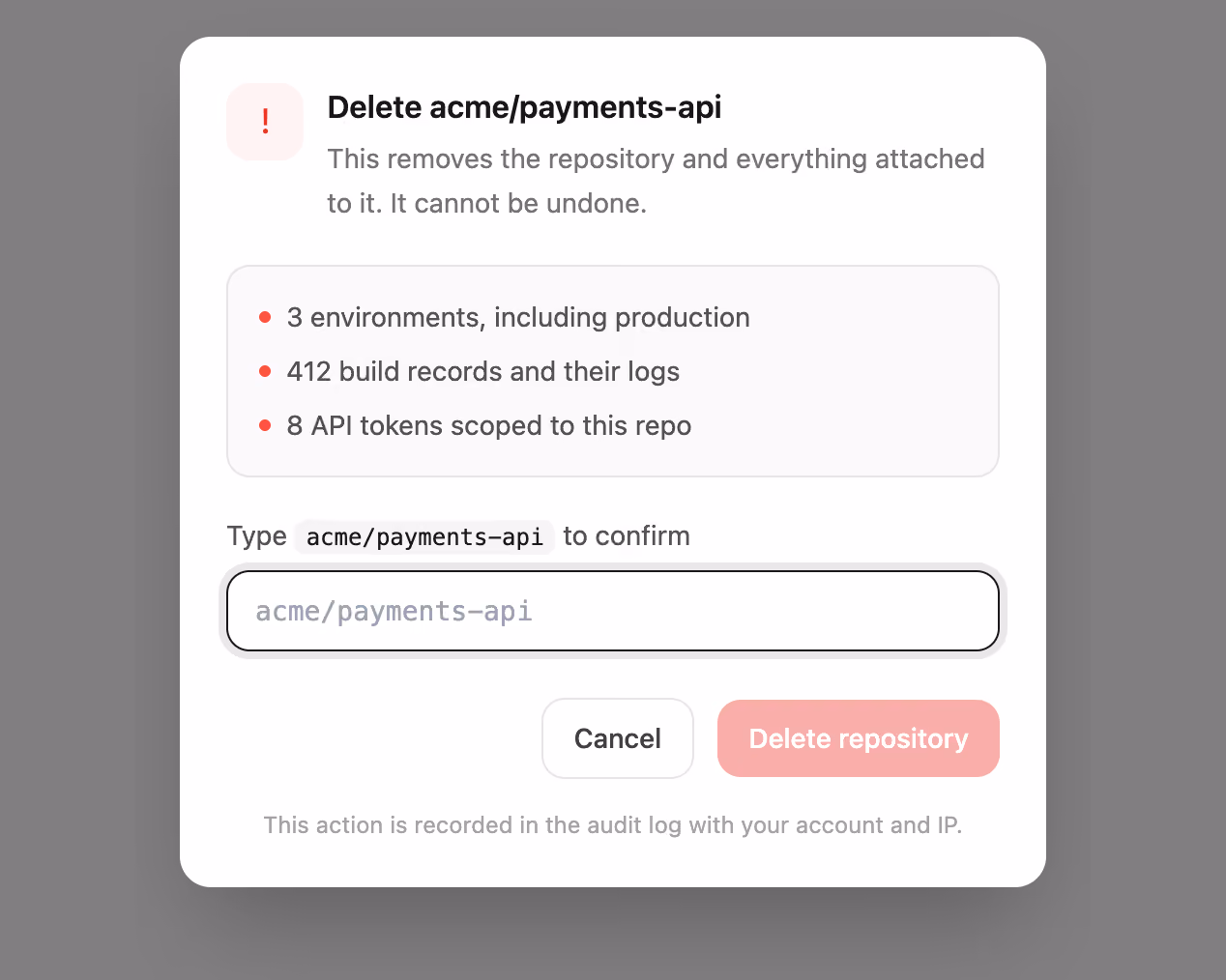 Rendered preview — Type-to-confirm delete dialog