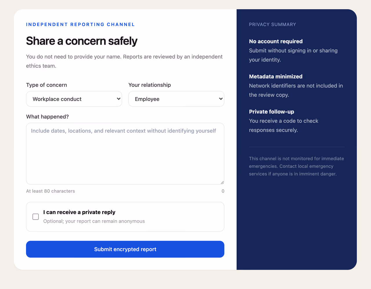 Anonymous ethics report — Tailwind CSS Contact layout preview