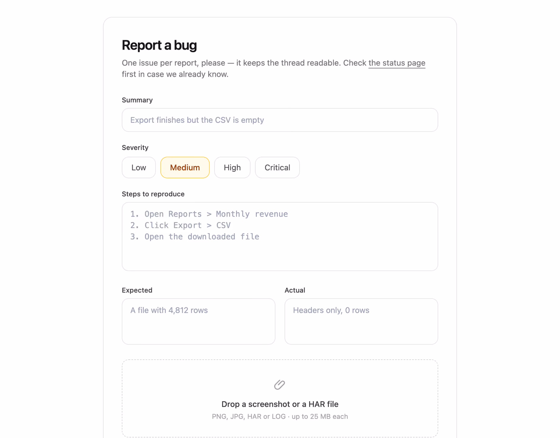Rendered preview — Bug report form