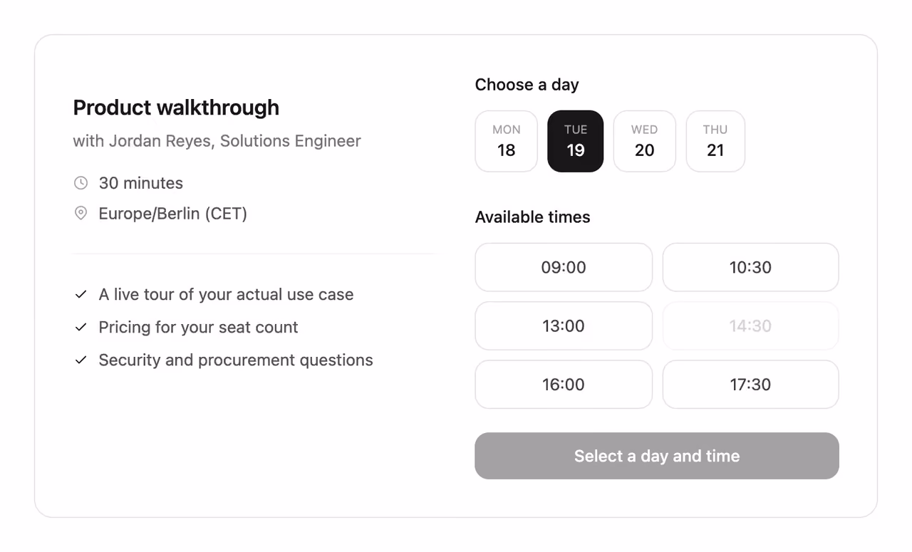 Rendered preview — Demo booking with time slots