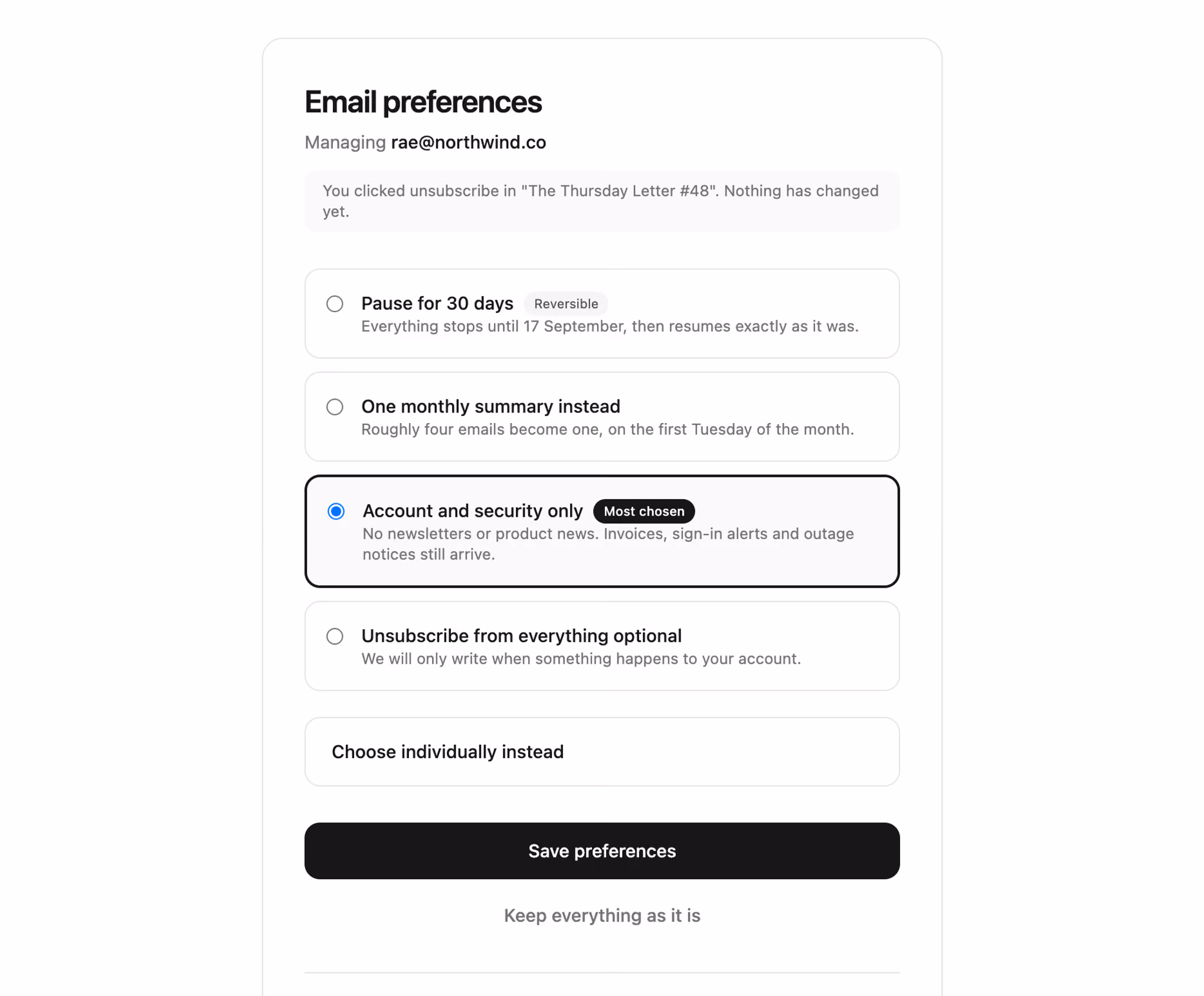 Rendered preview — Email preferences page
