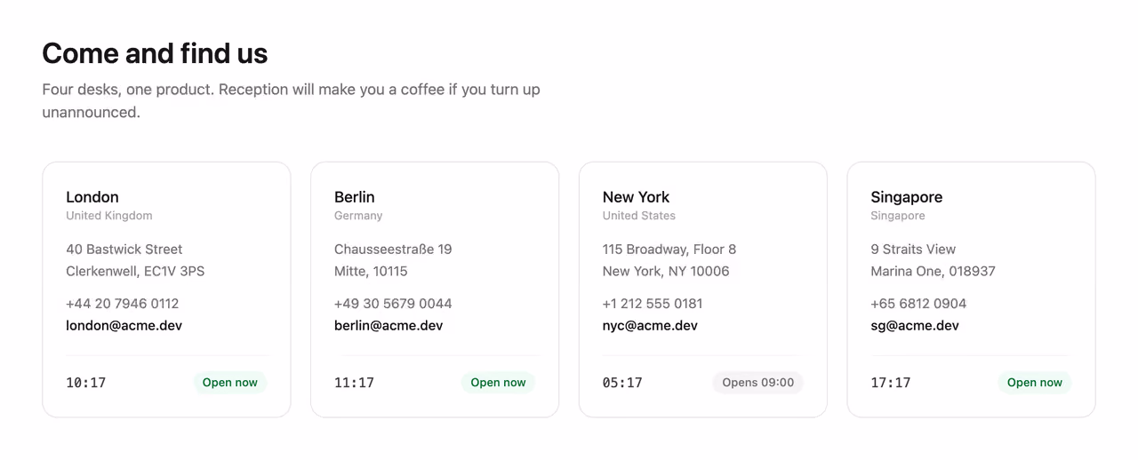Rendered preview — Offices with live local time