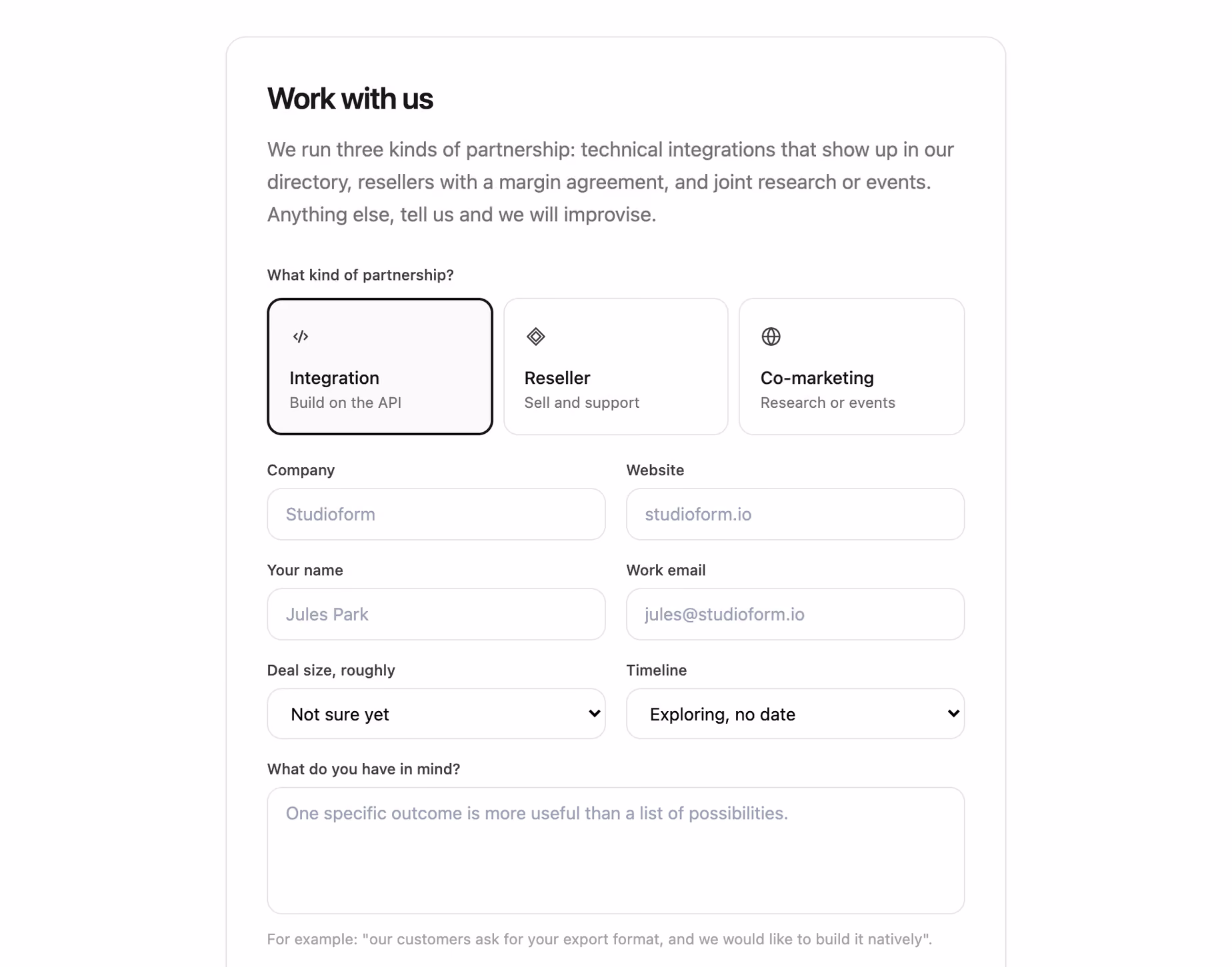 Rendered preview — Partnership enquiry form