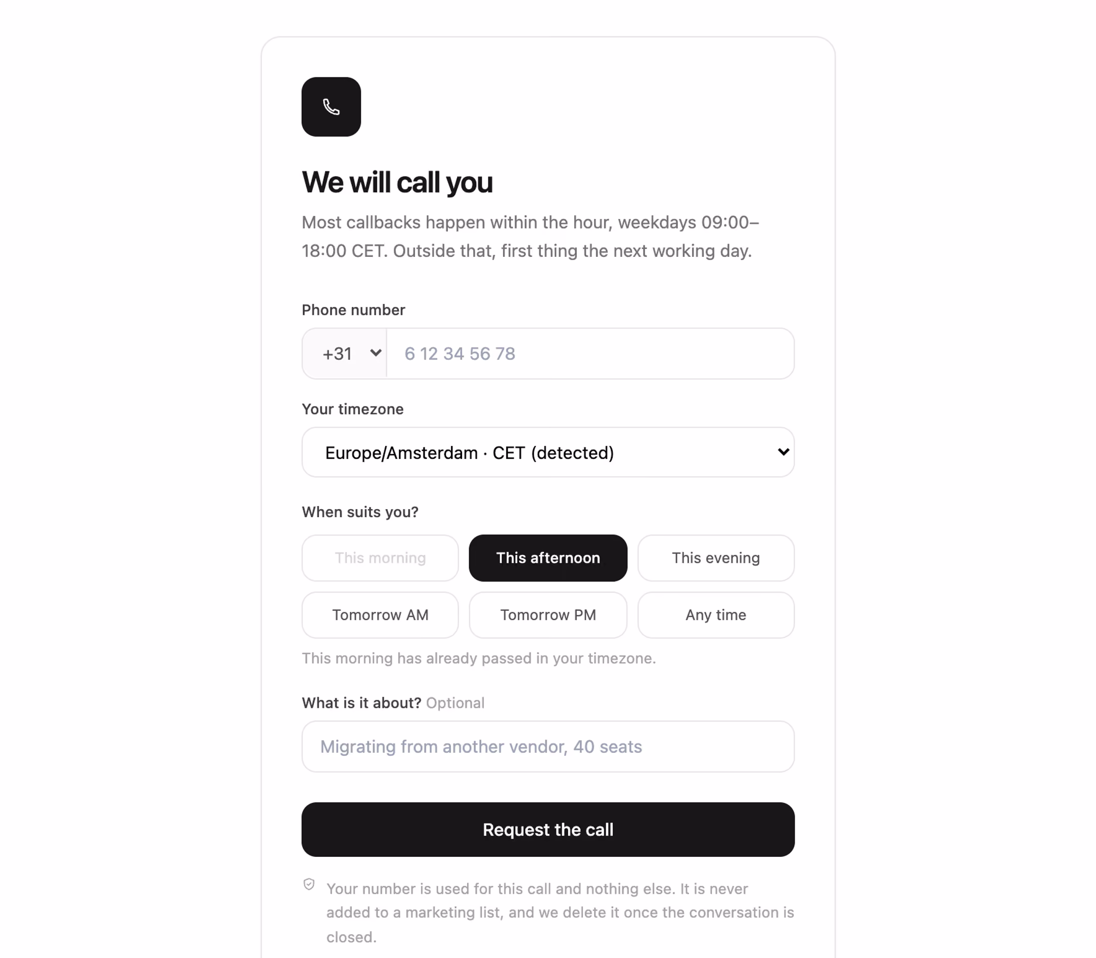 Rendered preview — Request a callback card