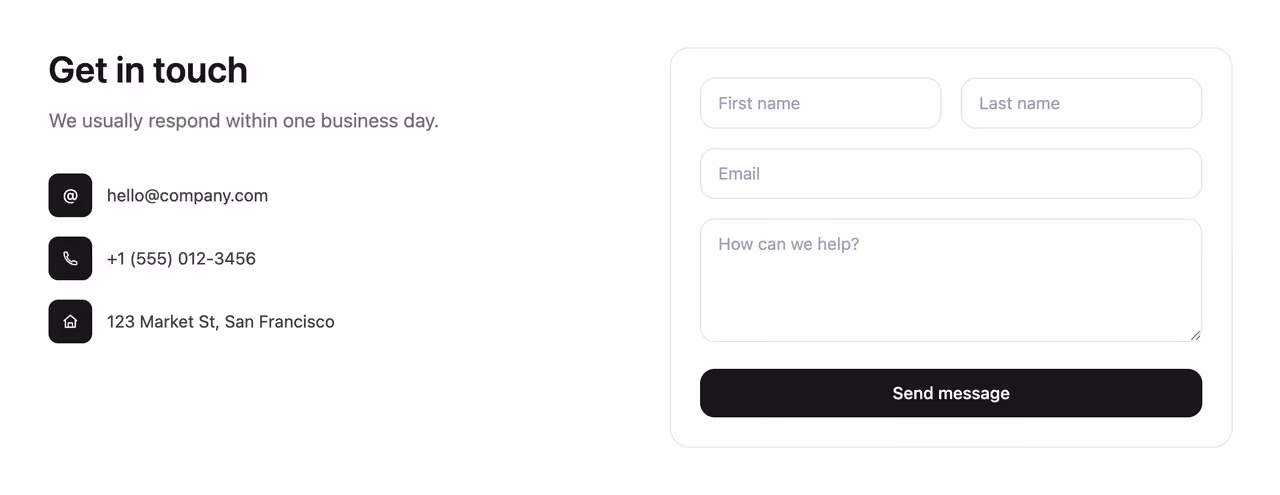 Rendered preview — Split contact form