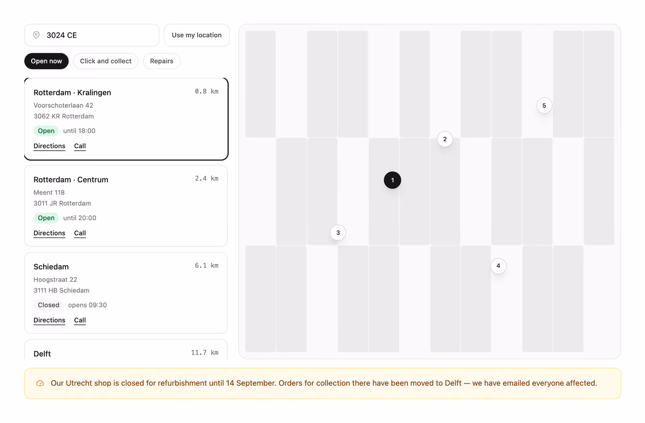 Rendered preview — Store locator with results