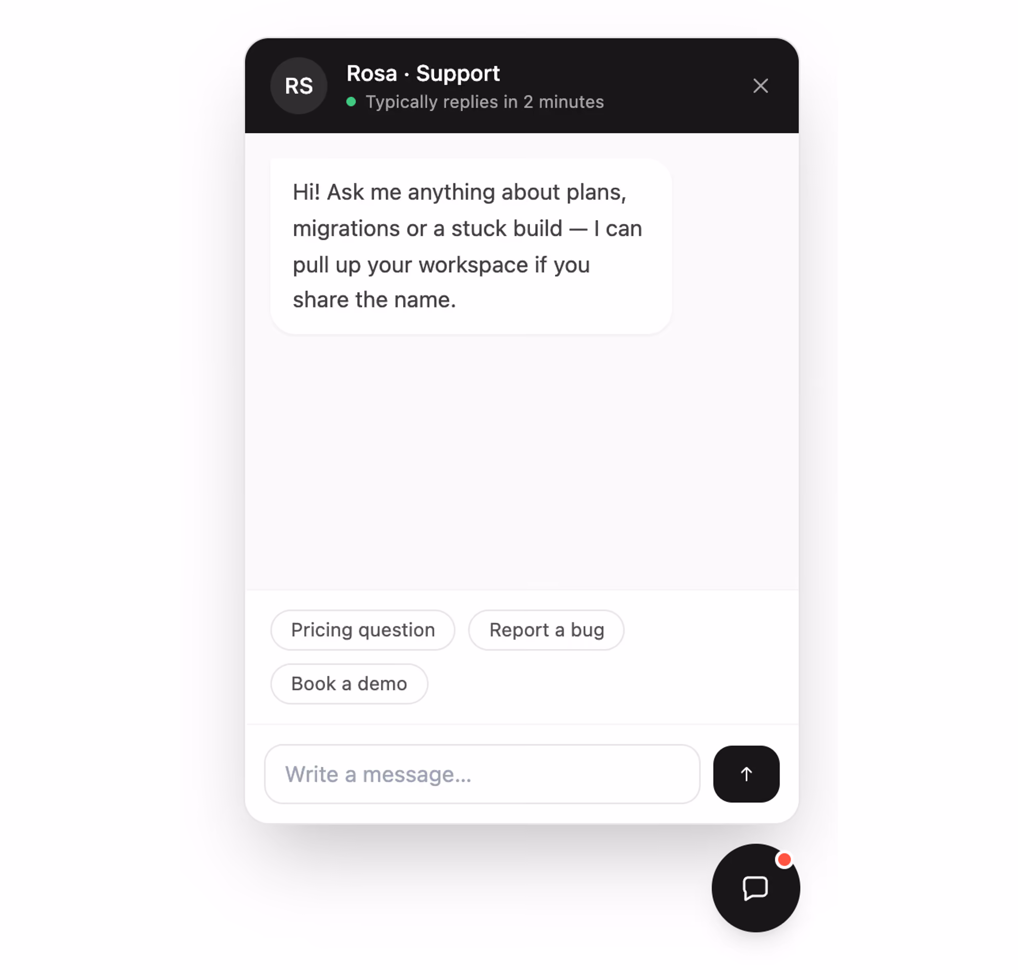 Rendered preview — Support chat widget
