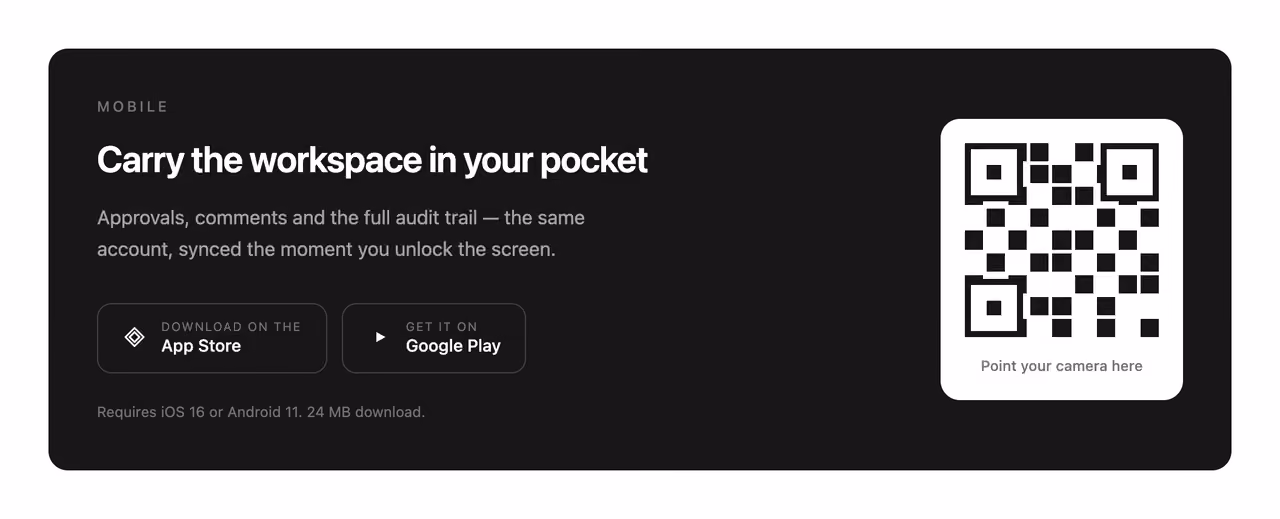 Rendered preview — App download CTA with QR