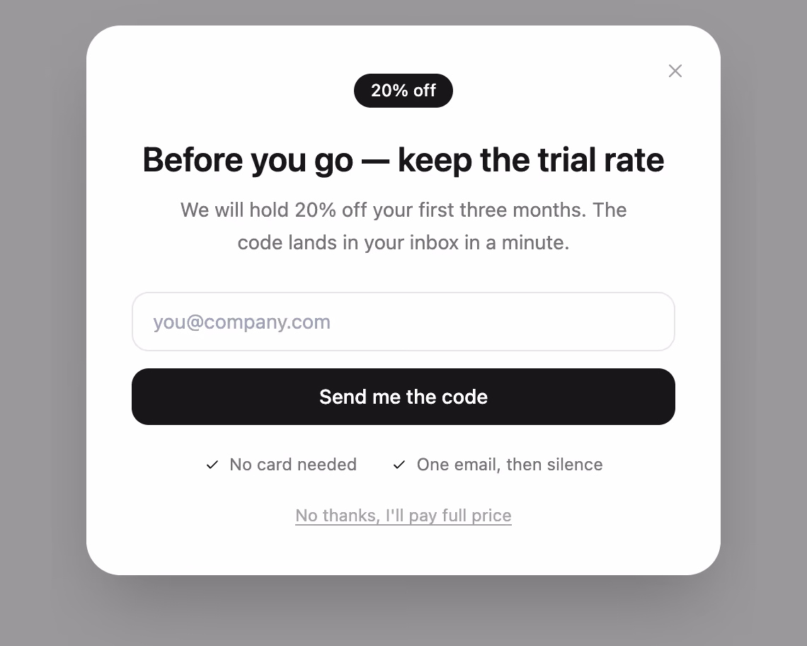 Rendered preview — Exit-intent offer modal