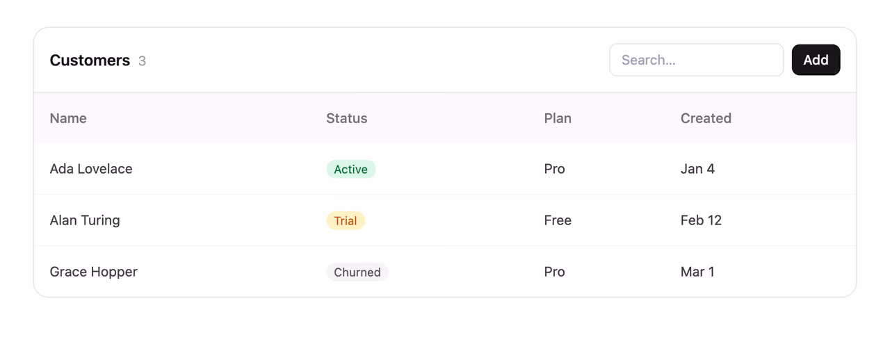 Rendered preview — Data table with toolbar
