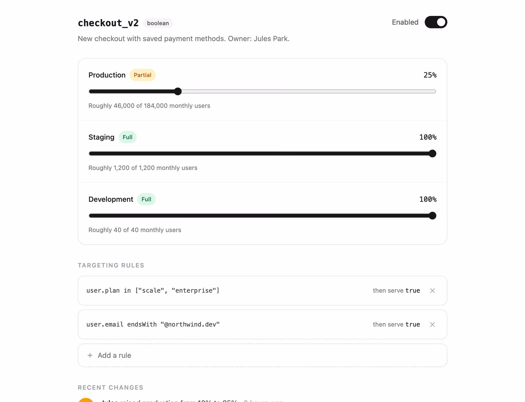 Rendered preview — Feature flag rollout panel