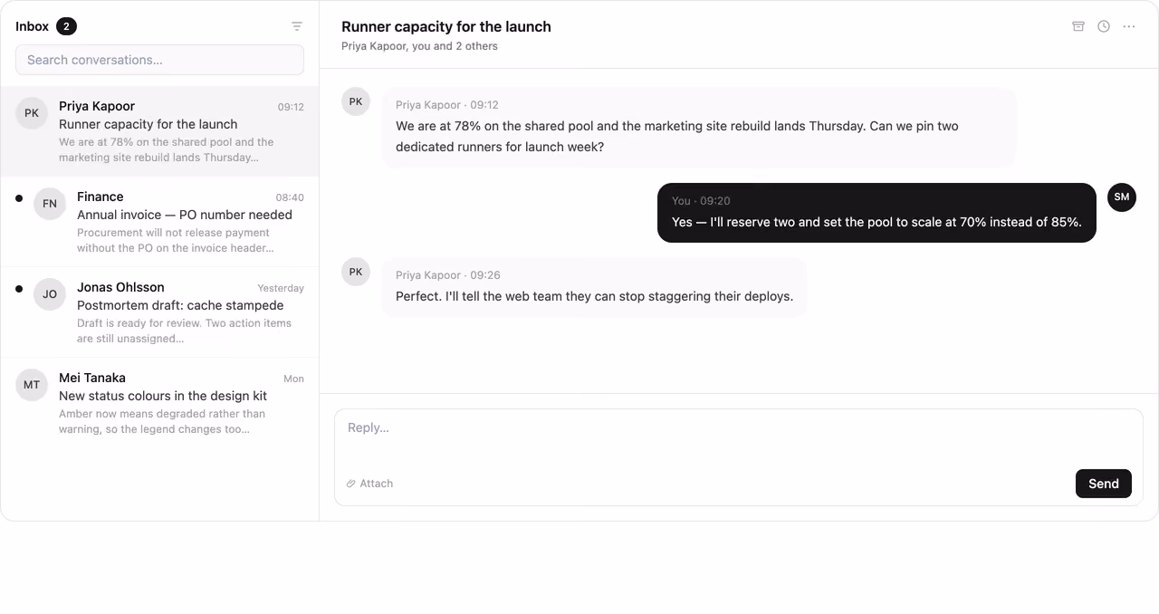 Rendered preview — Inbox split view