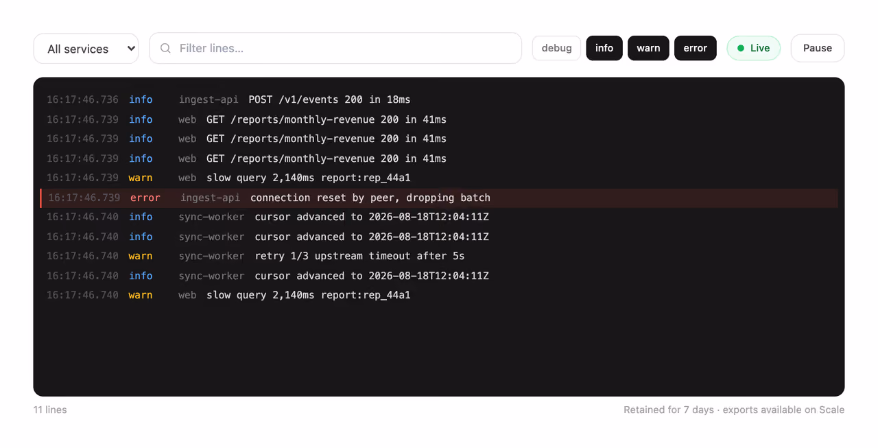 Rendered preview — Log viewer with live tail
