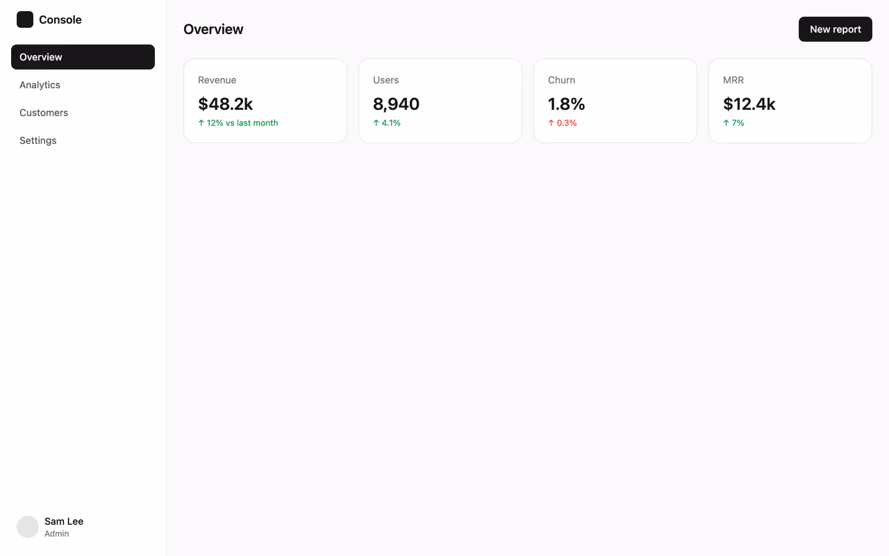 Rendered preview — Sidebar + stat cards