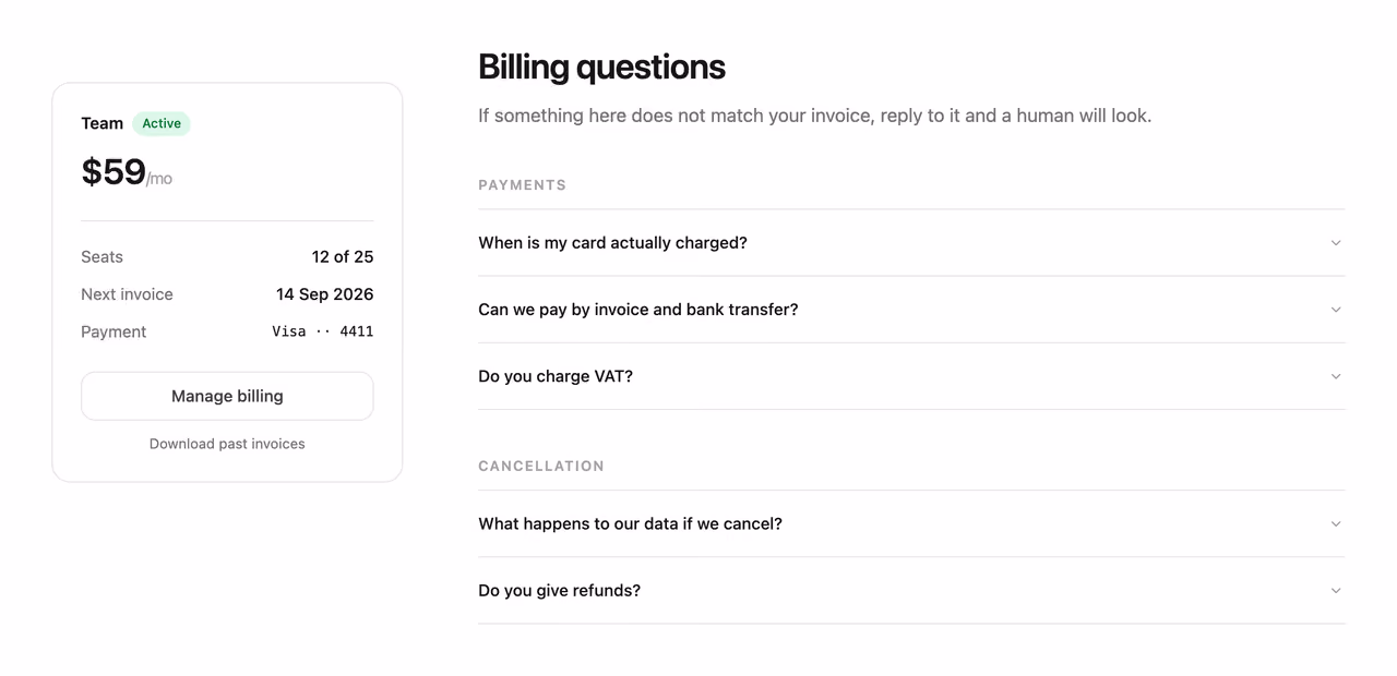 Rendered preview — Billing FAQ with plan recap