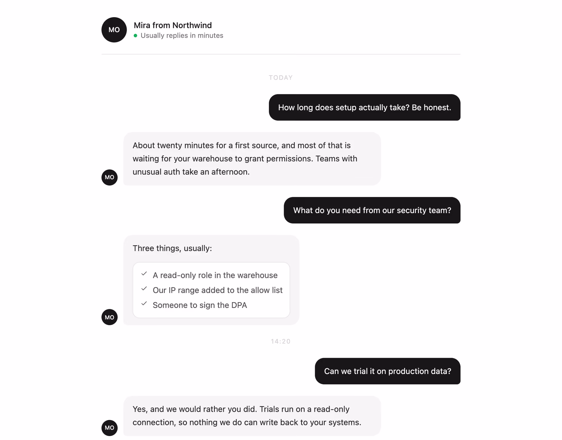 Rendered preview — Conversational FAQ bubbles