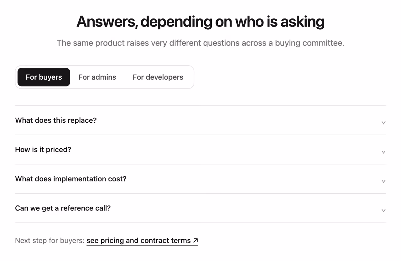 Rendered preview — FAQ tabs by audience
