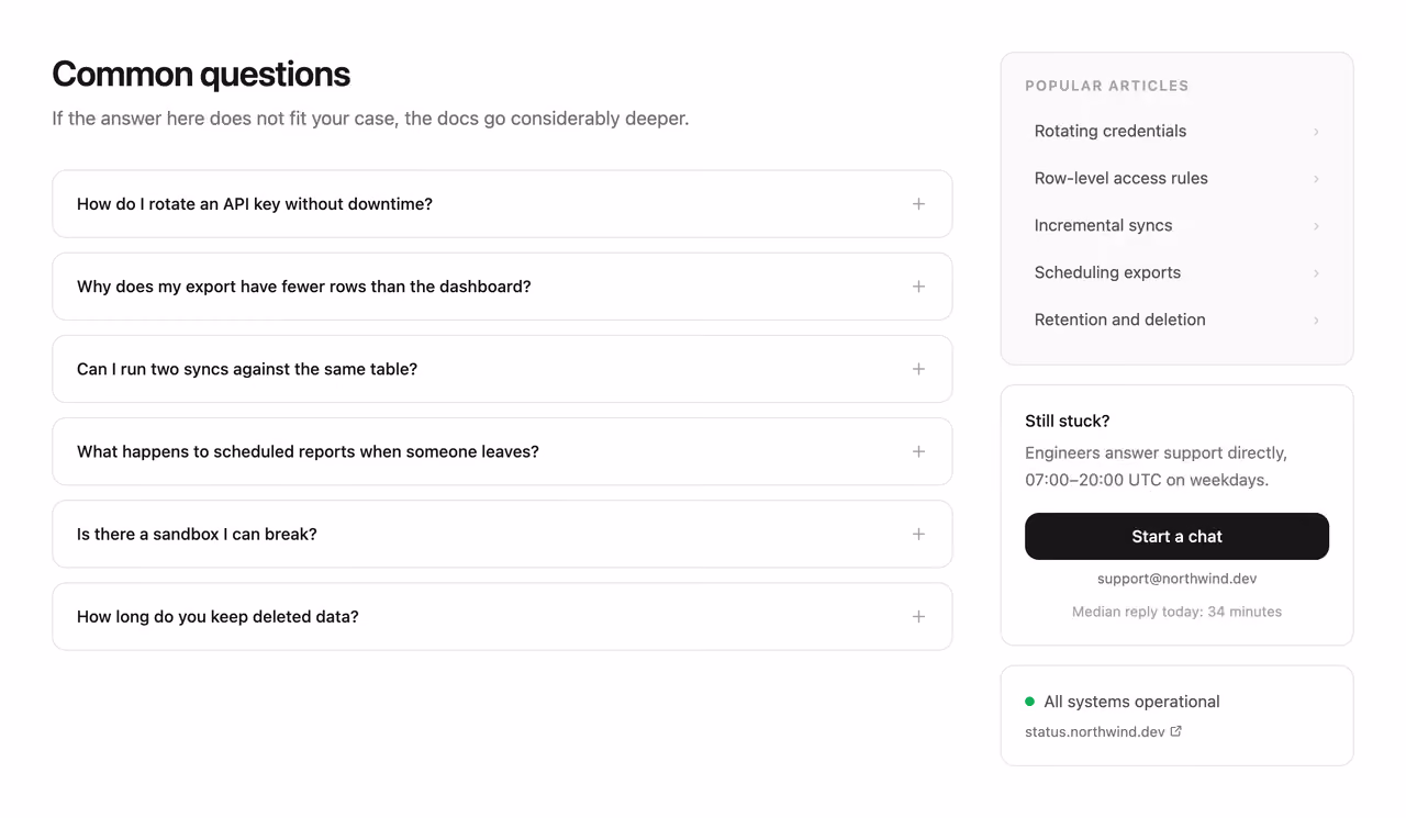 Rendered preview — FAQ with related articles rail