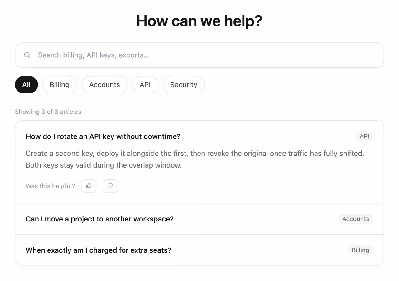 Rendered preview — Searchable FAQ with filters