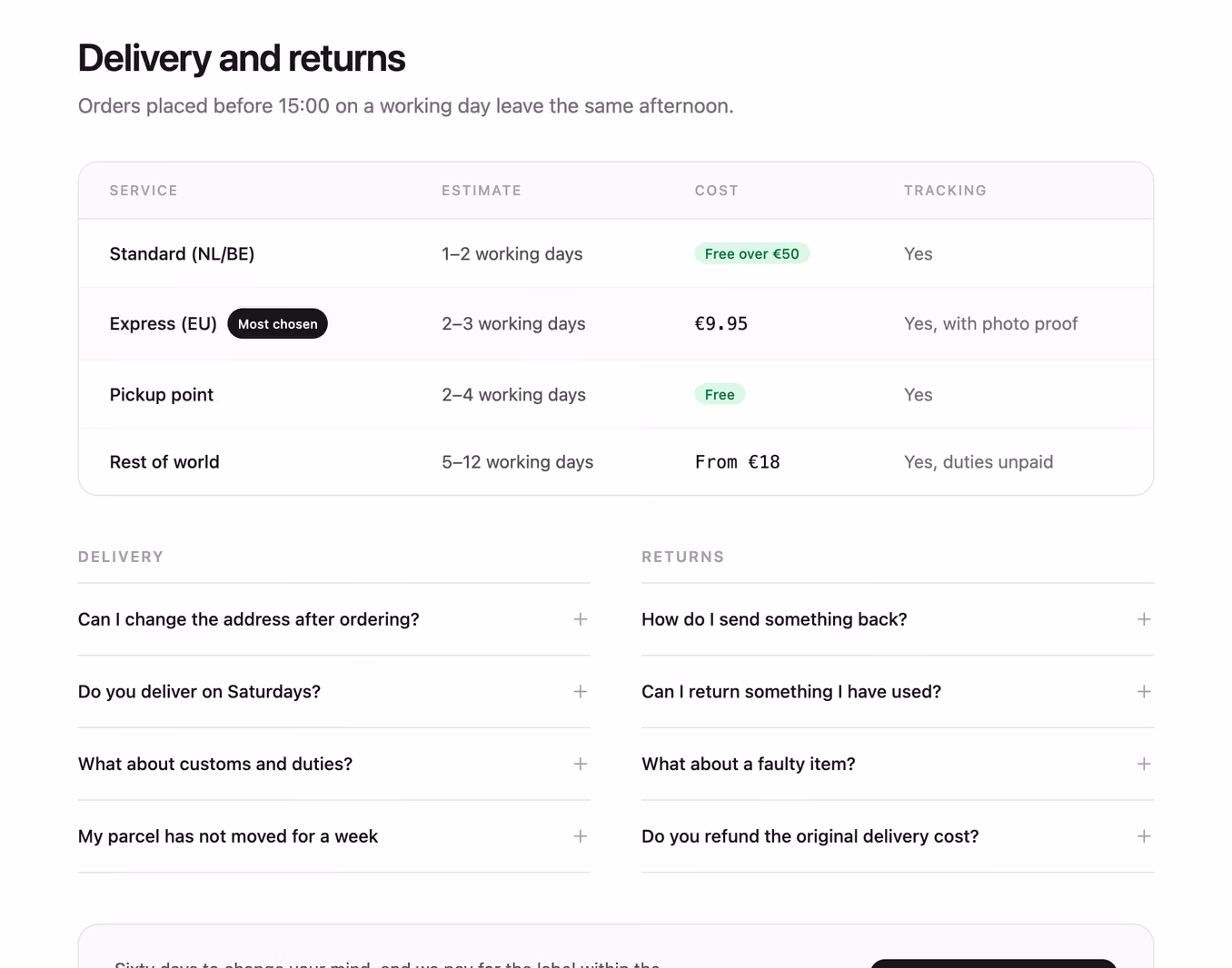 Rendered preview — Shipping and returns FAQ