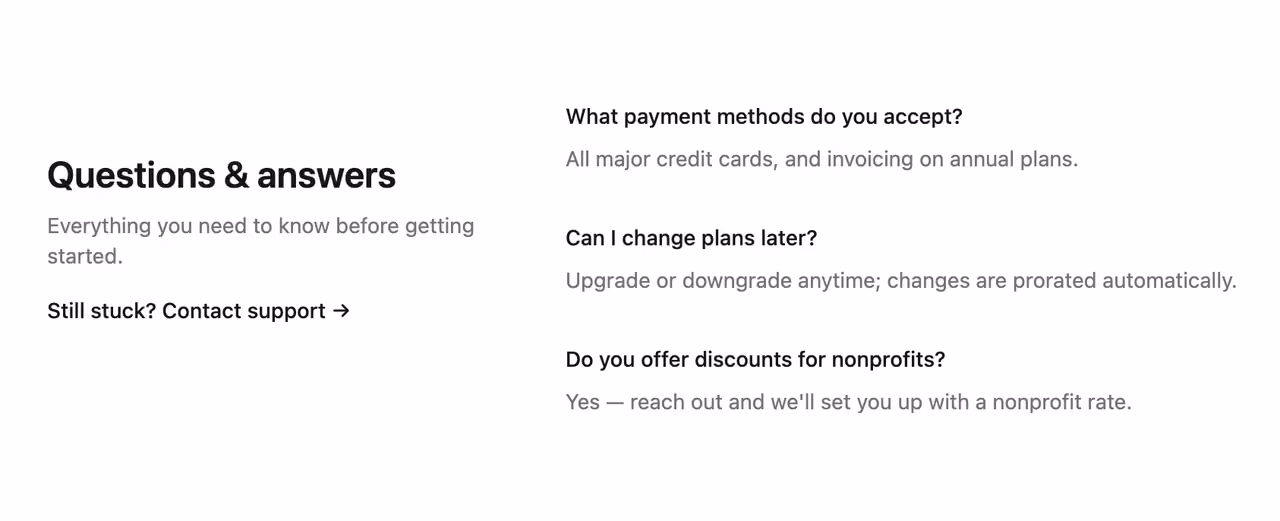 Rendered preview — Two-column FAQ