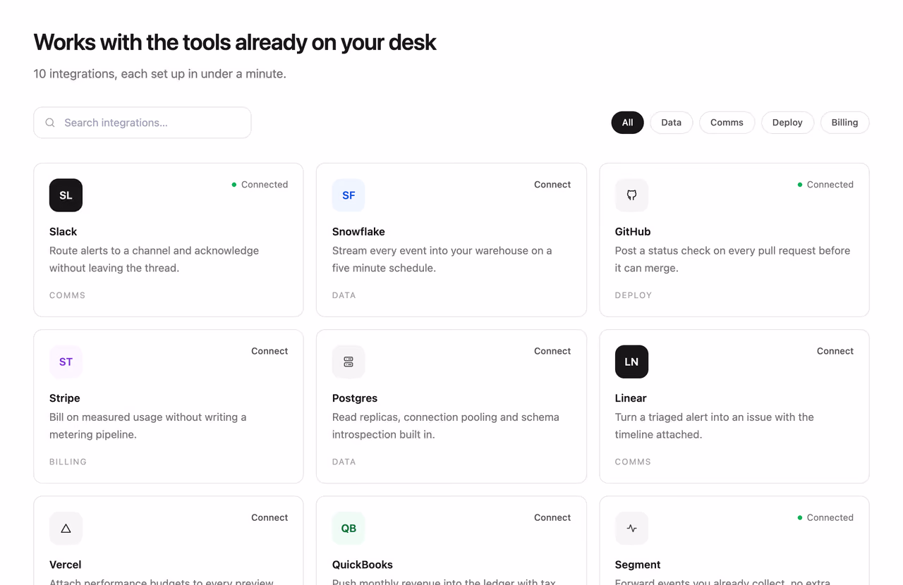 Rendered preview — Integrations directory with filter