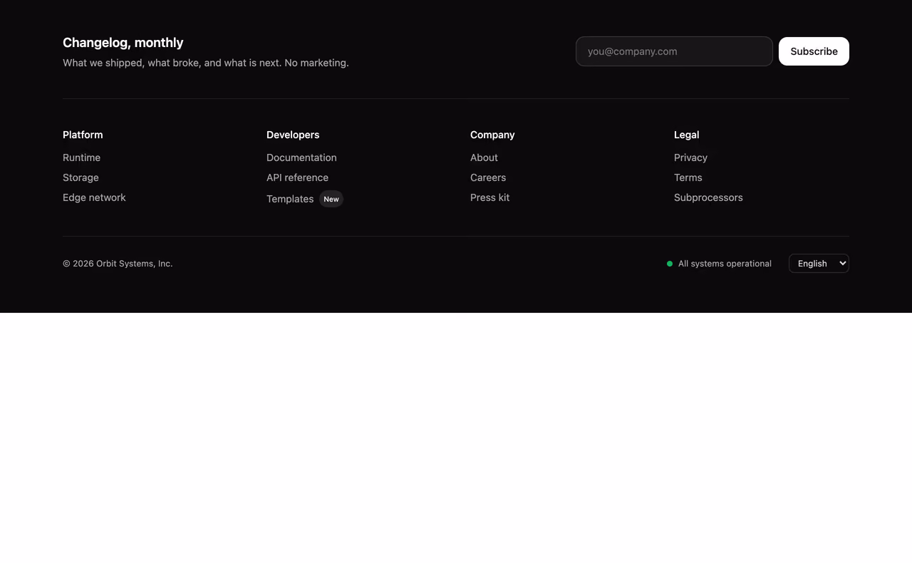 Rendered preview — Dark footer with newsletter