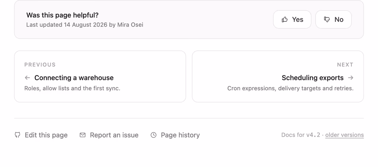 Rendered preview — Docs footer with prev and next