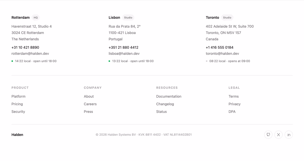 Rendered preview — Footer with office locations