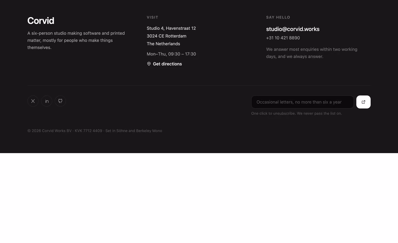Rendered preview — Studio contact footer
