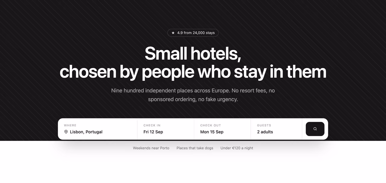 Rendered preview — Booking hero with date fields