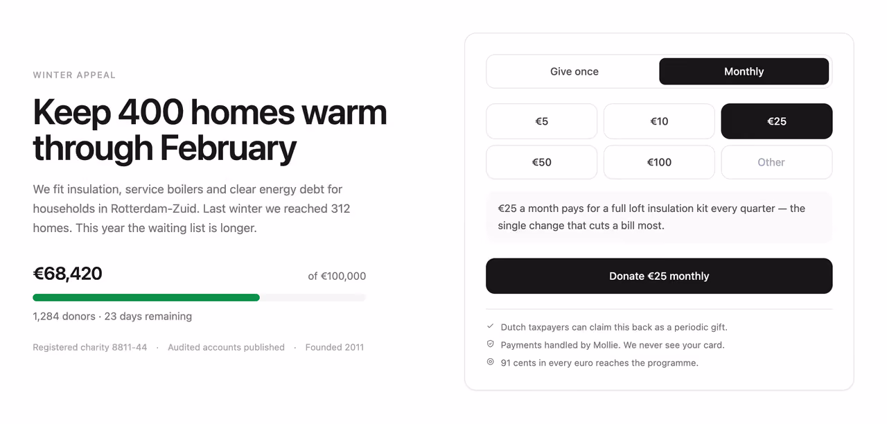 Rendered preview — Donation hero with amount chips