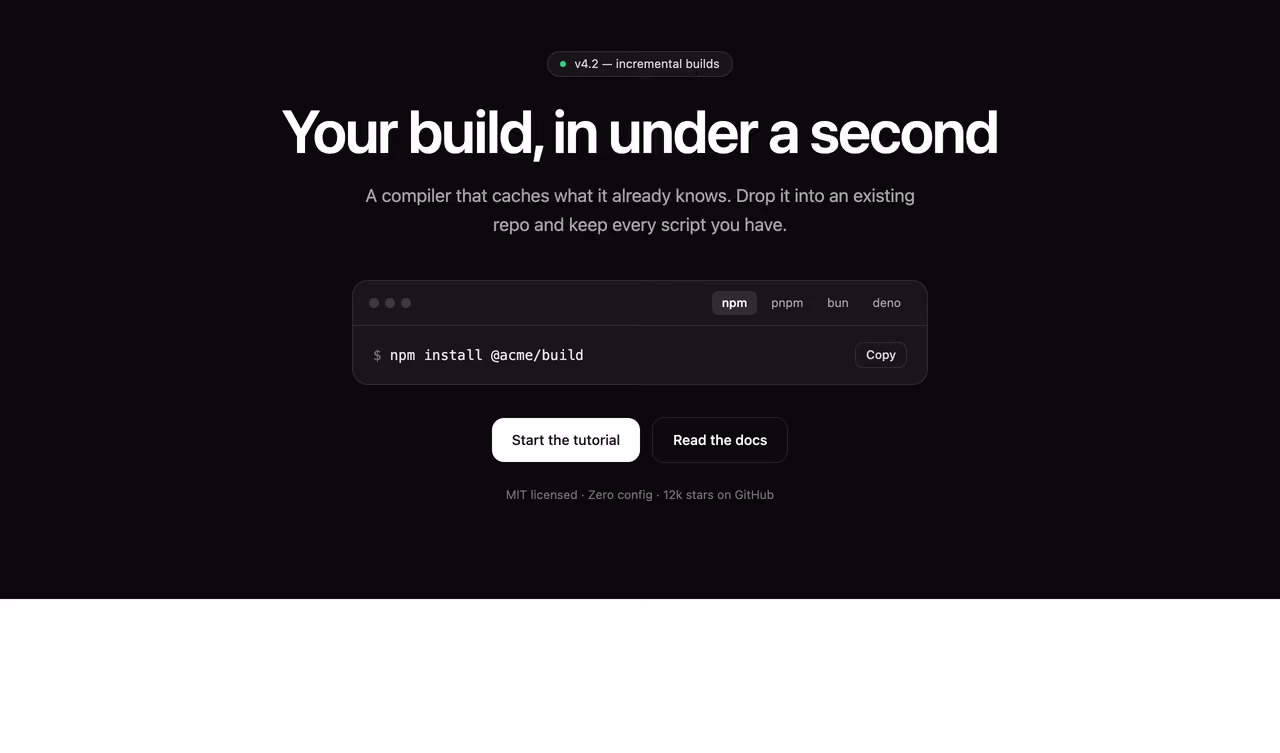 Rendered preview — Install command hero