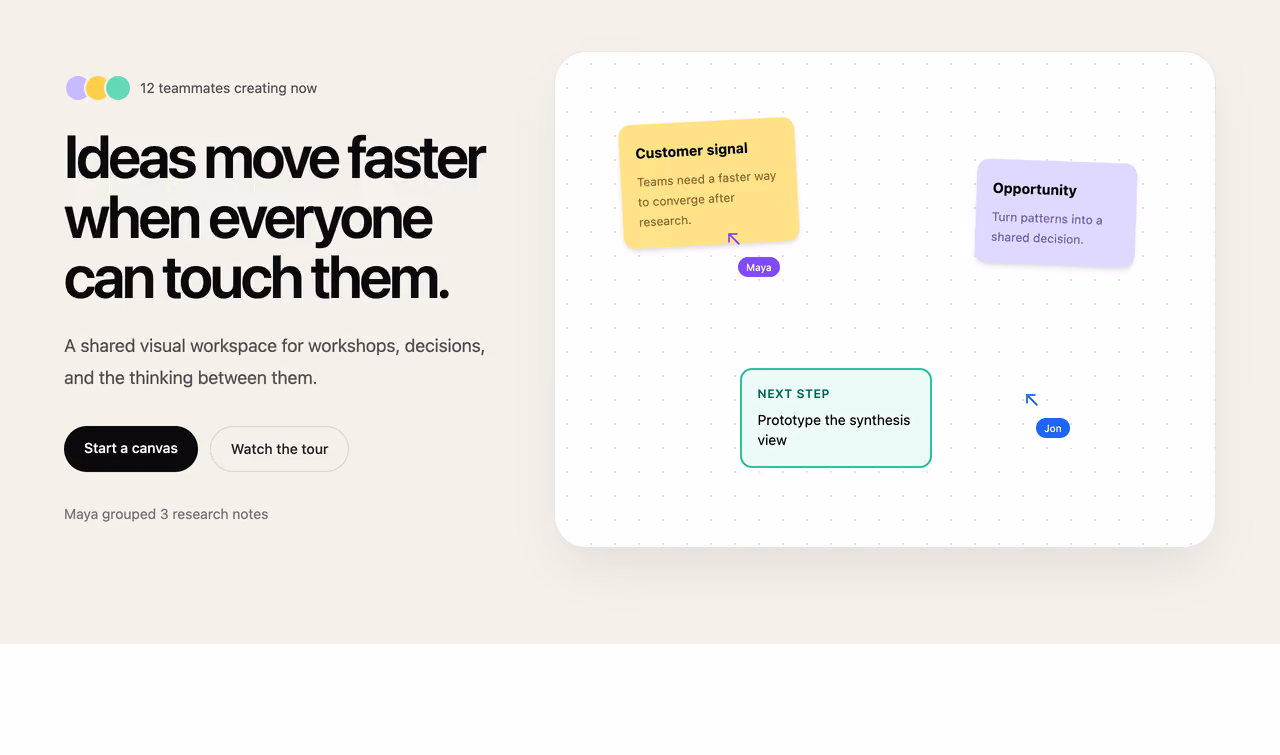 Live collaboration canvas hero — Tailwind CSS Hero Sections layout preview