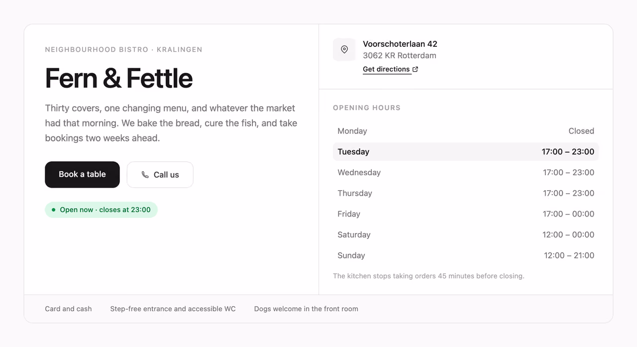Rendered preview — Local business hero with hours