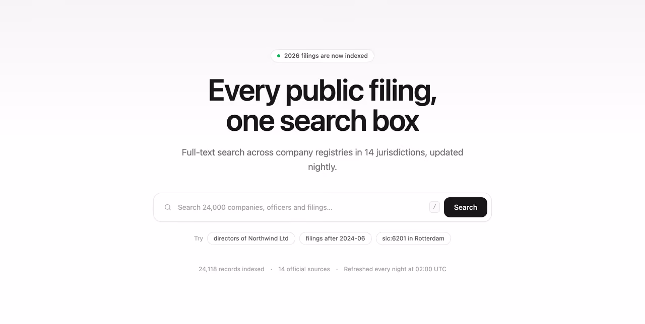 Rendered preview — Search-first hero
